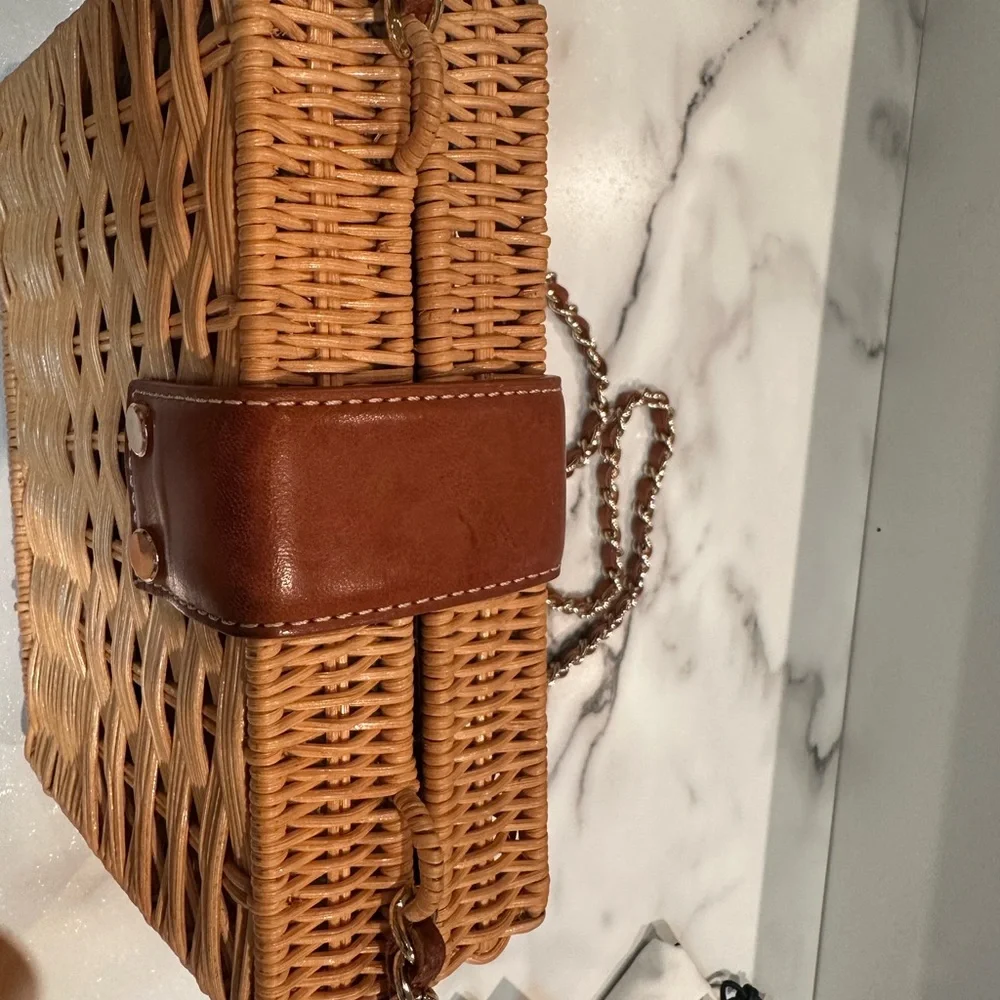 Woven Rattan Crossbody Bag with Brown Leather Trim - Picture 3 of 9